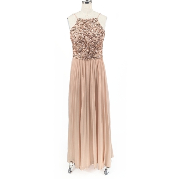 Cachet Sequin Pleated Mesh Maxi Dress Tan Rose Gold 6 evening formal wedding - Picture 1 of 8